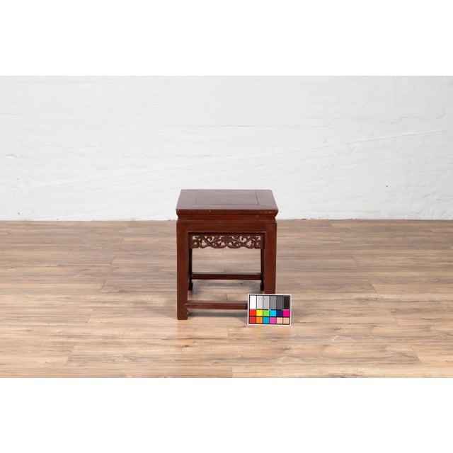 Chinese Vintage Chinese Side Table with Dark Red Patina and Foliage Hand Carved Apron For Sale - Image 3 of 12