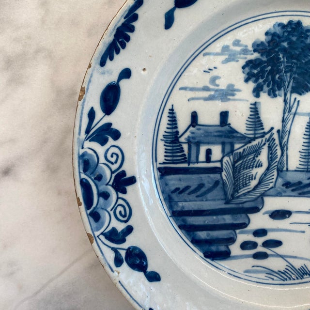 Early Antique Dutch Delft Blue and White Landscape Plate or Platter For Sale - Image 4 of 12