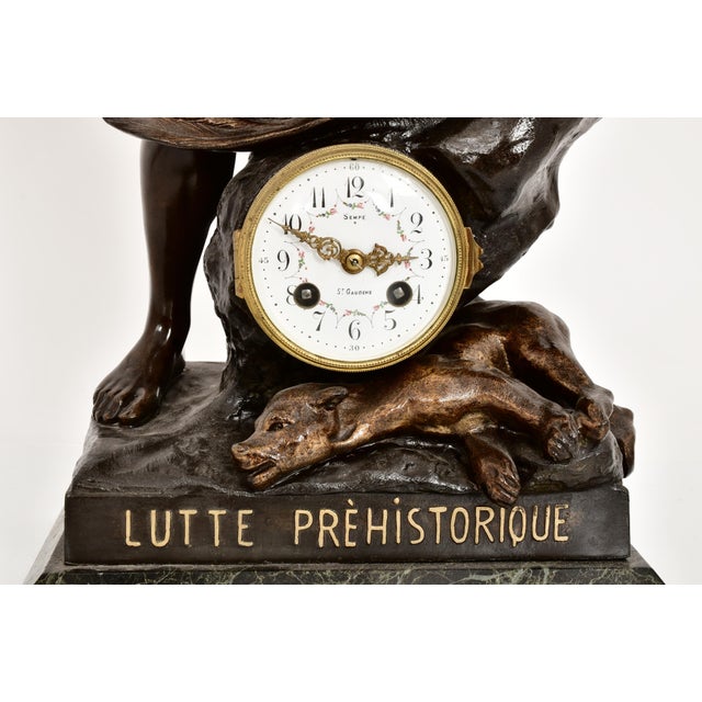 Patinated Bronze Figural Sculpture Clock "Lutte Préhistorique" by Emile Louis For Sale - Image 4 of 11