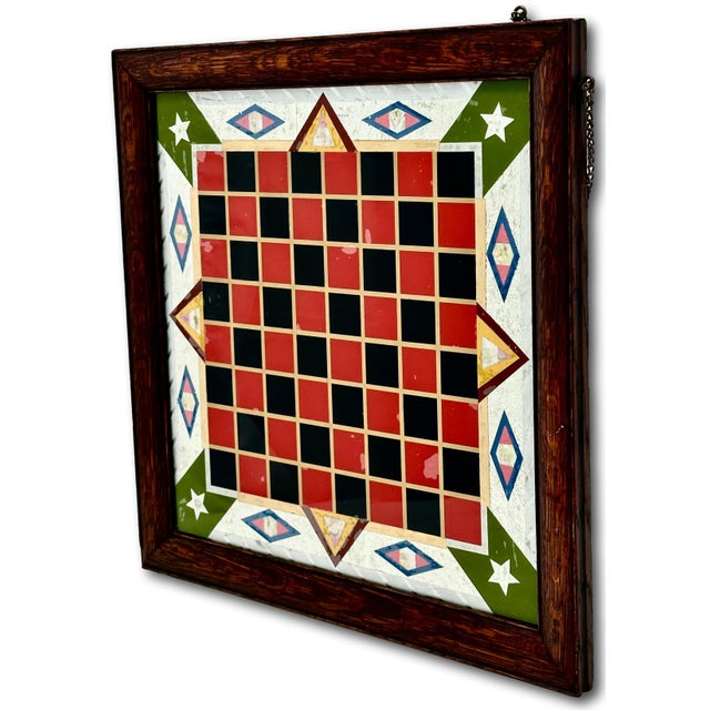 Late 19th Century Fancy & Colorful Antique Oak Framed Reverse Painted Glass With Abalone Shell & Silver Foil Backed Wall Hanging Game Board For Sale - Image 5 of 18