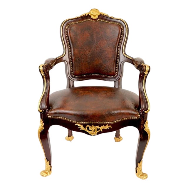 French Francois Linke Style Ormolu and Wood Leather Armchair For Sale