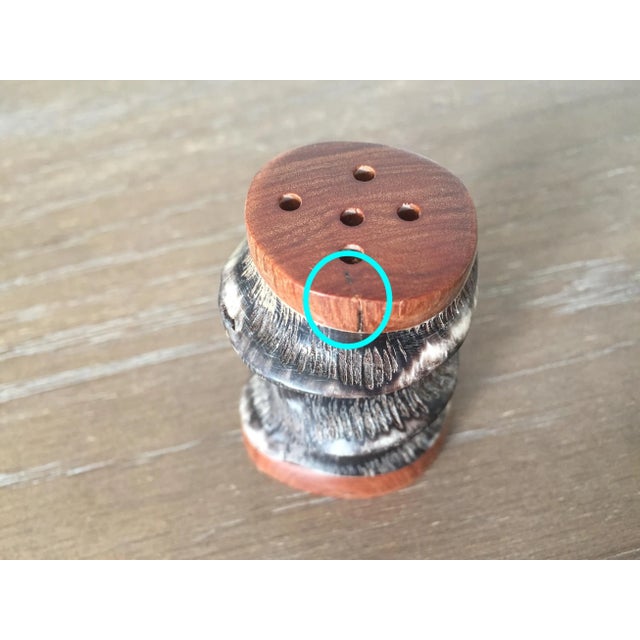 Mid Century Modern Curved Spiral Antelope Horn Salt & Pepper Shakers With Desert Ironwood Accents For Sale - Image 11 of 12