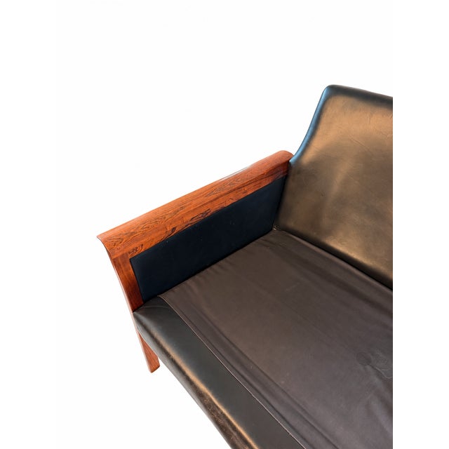 Black 1960s Rosewood and Black Leather Sofa Attributed to Hans Olson For Sale - Image 8 of 14