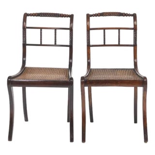 Rare Pair of 19th Century English Regency Mahogany Chairs -Attributed to Gallows, Original Hand Caning British West Indies Feel! For Sale