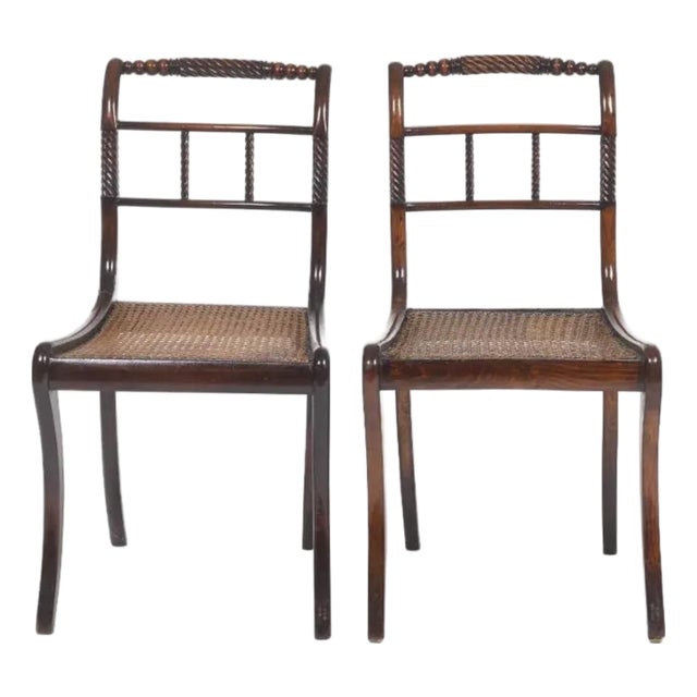 Rare Pair of 19th Century English Regency Mahogany Chairs -Attributed to Gallows, Original Hand Caning British West Indies Feel! For Sale