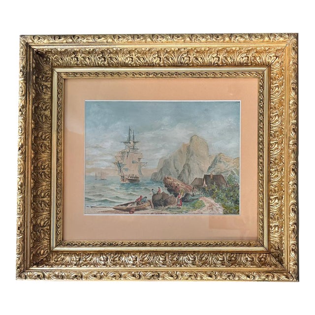 Antique French Nautical Maritime Fine Aquarelle Watercolor, Frame For Sale