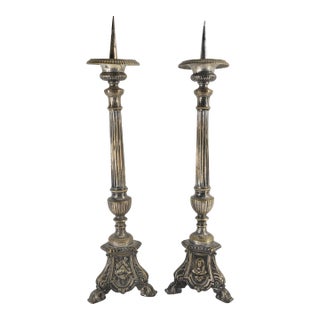 French Silverplate Brass or Bronze Candlesticks, a Pair For Sale