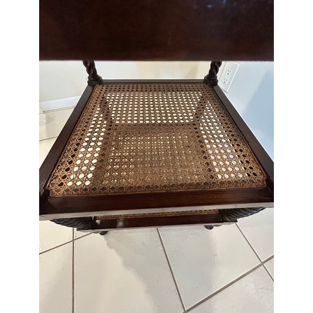 Brown Late 19th Century British Colonial Side Table-Antique Mahogany End Table-Three Tiered Caned Stand-Barley Twist Legs-Two Drawers For Sale - Image 8 of 12