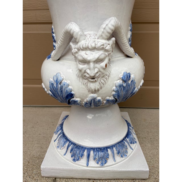 Monumental Blue & White Majolica Grecian Urn With Jupiter Ammon Motifs For Sale - Image 13 of 17