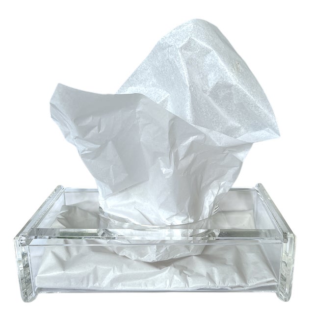 Sleek and sculptural vintage lucite tissue box holder crafted from thick, crystal-clear acrylic. This minimalist piece...