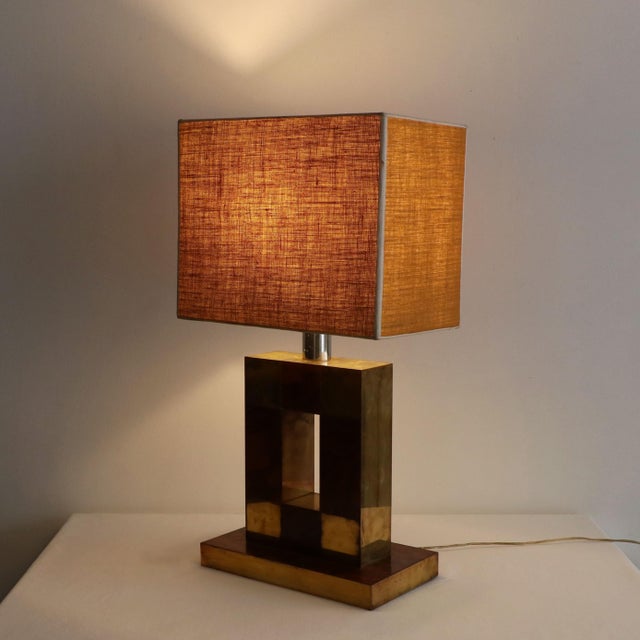 1970s Mid-Century Geometric Table Lamp in Briar and Brass with Canvas Shade, Italy, 1970s For Sale - Image 5 of 6