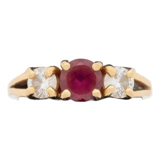 14k Yellow Gold Pink Tourmaline and Diamond Three-Stone Ring For Sale
