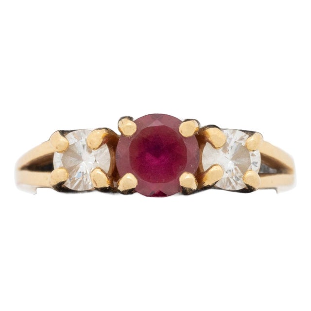 14k Yellow Gold Pink Tourmaline and Diamond Three-Stone Ring For Sale