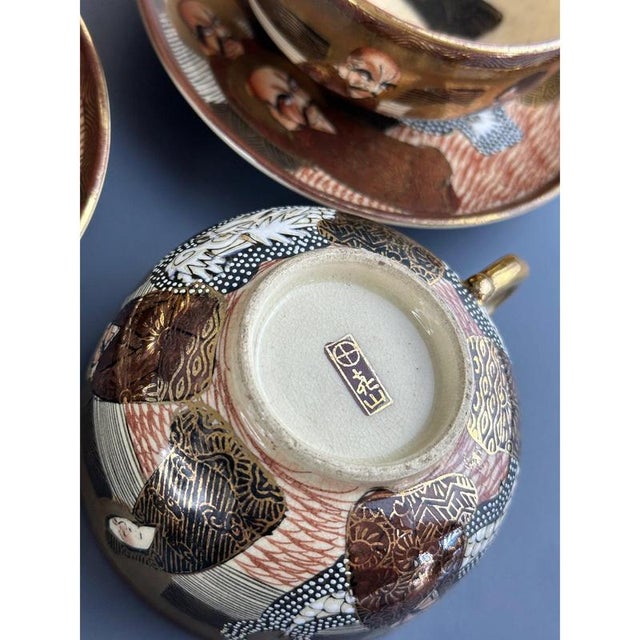 Antique Japanese Meiji Hand-Painted Shimazu Satsuma Tea Service with Moriage Kannon Immortals and Dragons, Set of 14 For Sale - Image 9 of 11