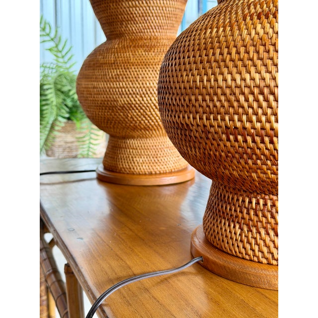 Pair of Vintage Sculptural Woven Rattan Table Lamps With Original Shades For Sale - Image 9 of 12