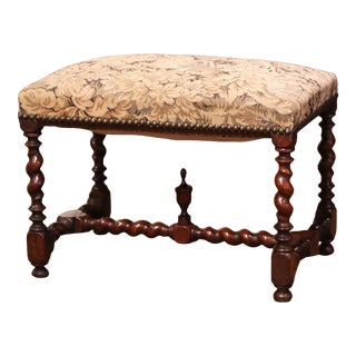 19th Century French Louis XIII Carved Barley Twist Walnut Bench With Needlepoint For Sale