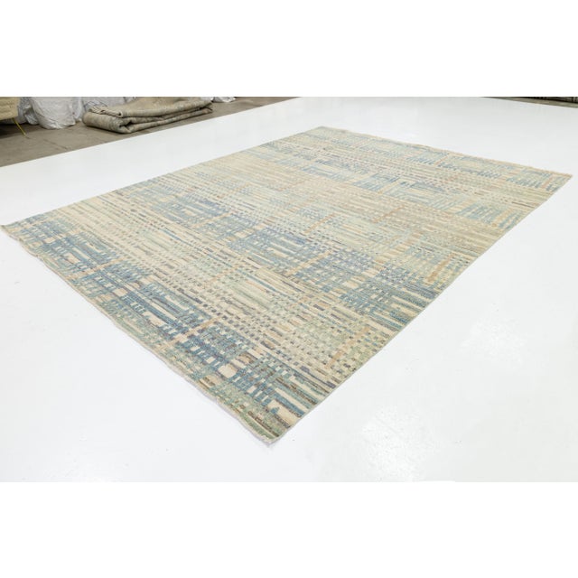 Textile Modern Abstract Plaid Wool Area Rug – Coastal Blue & Sage Green 9x12 For Sale - Image 7 of 11