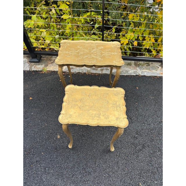Wood Vintage Italian Gilt Painted Wood Nesting Tables With Etched Floral Tops, Set of 2 | Made in Italy For Sale - Image 7 of 15