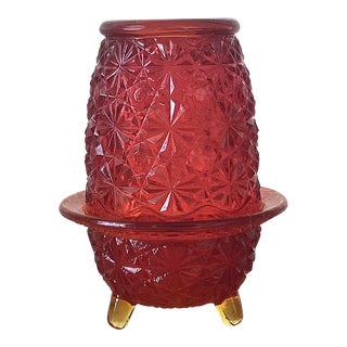 Vintage Daisy and Button Red Amberina Pressed Glass Fairy Lamp Votive Candle Holder For Sale