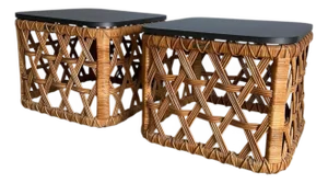 1970s Danny Ho Fong for Tropi-Cal Basket Weave Rattan Side Table Pair