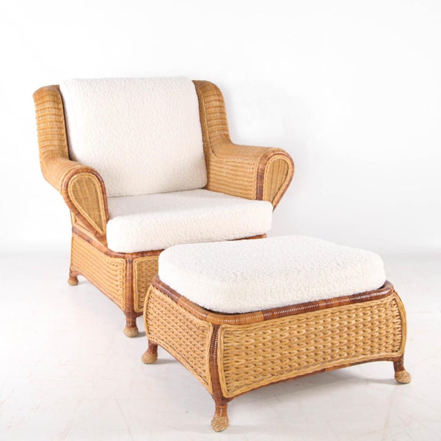 Set of Wicker Bergere Armchair and Ottoman, 1970s For Sale - Image 15 of 17