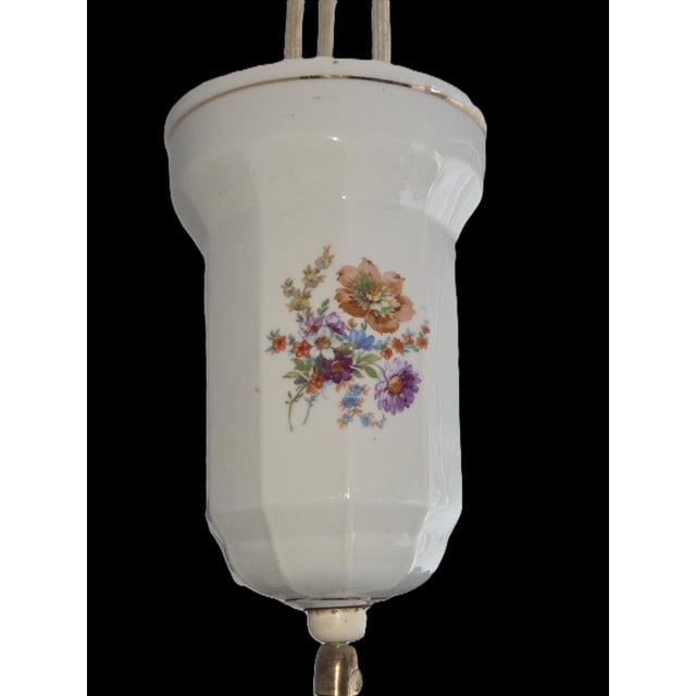 Vintage German Porcelain Pulley Pendant Lamp: Antique Floral Hand-Painted Drawbar Light For Sale - Image 9 of 11