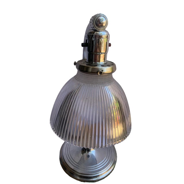 Metal Art Deco Chrome Table Lamp With Flat Bottom Ribbed Holophane Glass Shade For Sale - Image 7 of 7