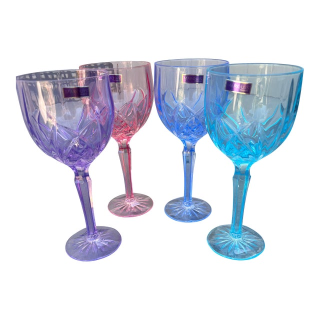 1990s Marquis by Waterford Crystal Brookside Pastel Wine Goblets-Set of 4 For Sale