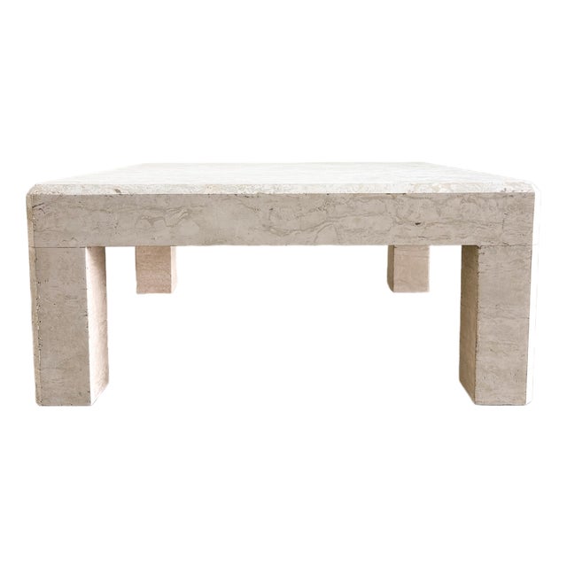 Vintage Square Postmodern Travertine Stone Parsons Coffee Table | 1980s Italian For Sale
