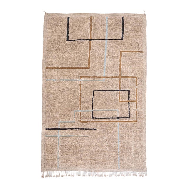 Abstract Architectural Line Hand-Knotted Wool Rug | 10'11" X 7'2" | One of a Kind For Sale