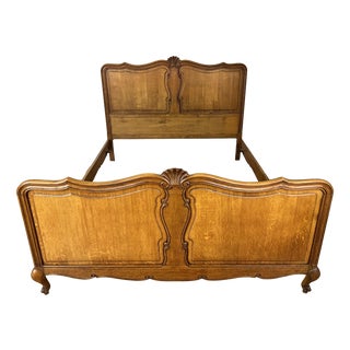 Vintage Louis XVI French Oak Double Bed Frame with Carved Headboard For Sale