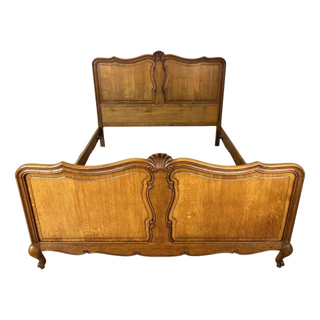 Vintage Louis XVI French Oak Double Bed Frame with Carved Headboard For Sale