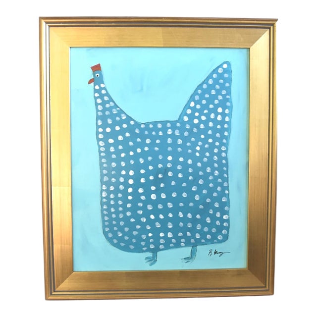 Folk Art Blue Chicken Hen Rooster Painting Ruth Arenz Including the Antiqued Gold Wood Frame For Sale