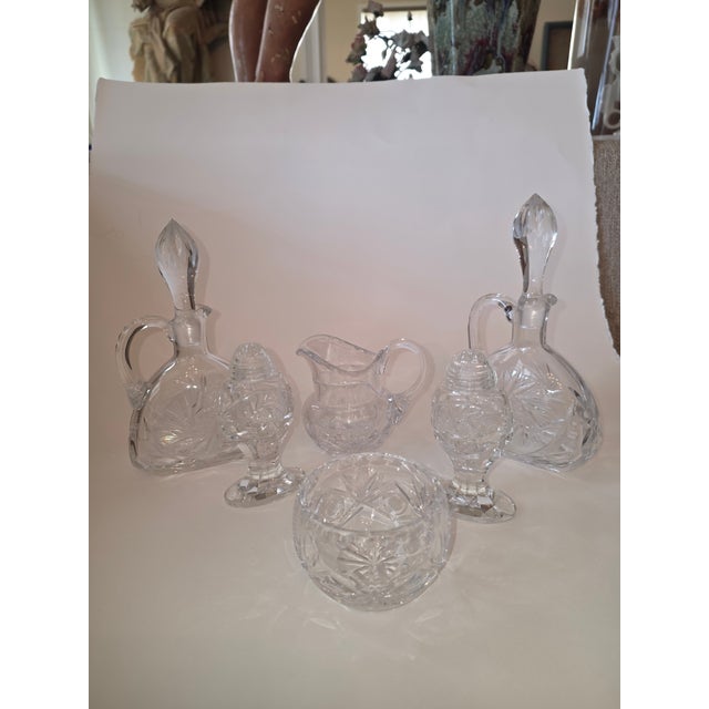 1980s 1980s Cut Crystal Salt, Pepper, Creamer, Bowl, and Cruets - 6 pcs For Sale - Image 5 of 7