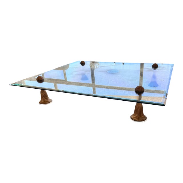 Mid Century Modern 5’ by 5’ Gold Metal Tassel Lucite & Glass Cocktail Coffee Table For Sale