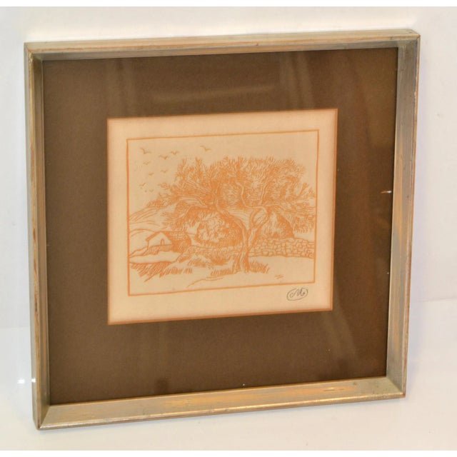 1950 Framed Print Marked M Landscape Scenery Orange Silver Wood Frame Distressed For Sale In Miami - Image 6 of 11