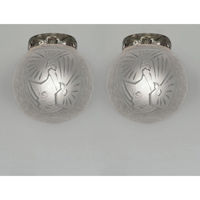 Muller frères A wonderful pair of French art deco flush mounts in nickel plated bronze or solid brass. The nice mounts...