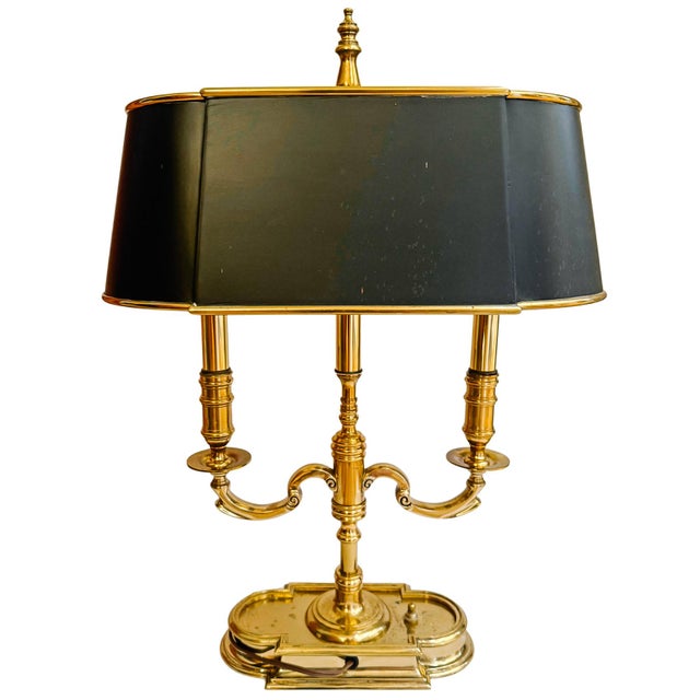 Black Vintage French Neoclassical Brass Three-Light Bouillotte Lamp With Black Tole Shade For Sale - Image 8 of 9