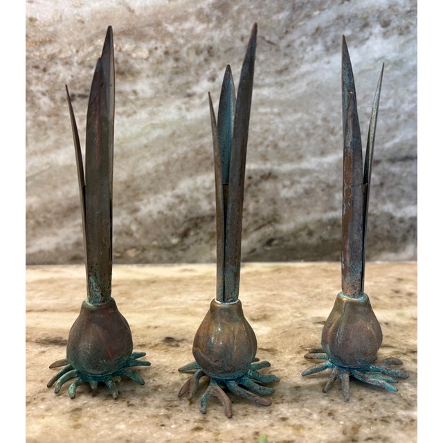 Postmodern 1980s Miniature Postmodern Italian Carnevale Verdigris Metal Bulb Vases, Rare Set of Three For Sale - Image 3 of 5