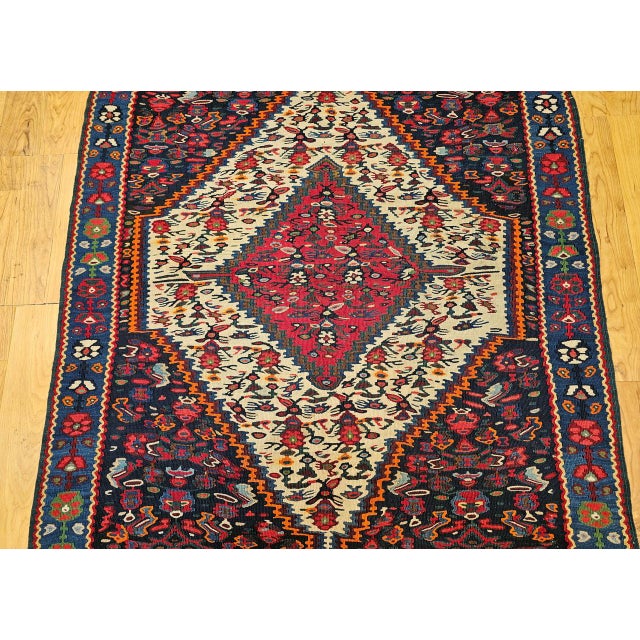 Vintage Persian Senneh Kilim Rug, Handwoven Wool & Cotton, Medallion Pattern, Navy & Ivory, 4x6 For Sale - Image 10 of 16