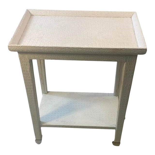 1980s White Faux Alligator Print Telephone Table in the Manner of Karl Springer For Sale