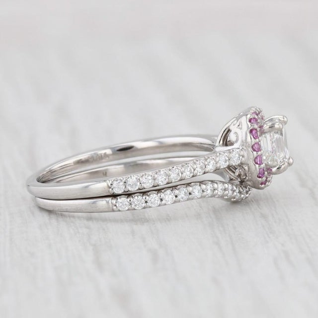 Gia 1.13ctw Diamond Pink Sapphire Halo Engagement Ring Wedding Band Set Platinum, Size 8 For Sale - Image 9 of 9