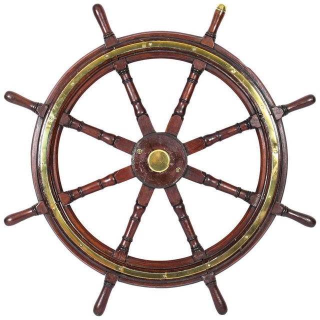 Brown 19th Century Teak & Brass 8-Spoke Ships Wheel For Sale - Image 8 of 8