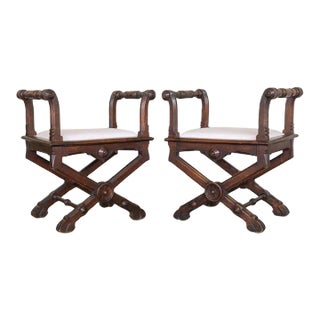 1940s Pair of French Carved Wood Stools For Sale