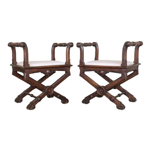 1940s Pair of French Carved Wood Stools For Sale