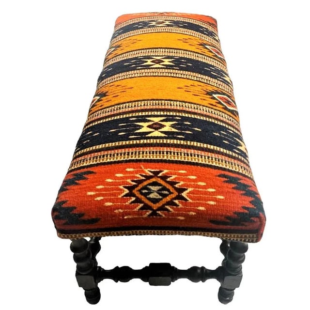 Antique Hacienda Style Bench Reupholstered With Artisanal Wool Zapotec