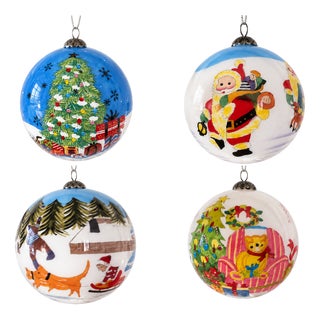 Hand-Painted Blown Glass Christmas Ornaments, Eastern Europe, 1950s, Set of 4 For Sale