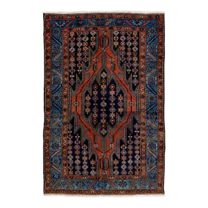 Vintage Handmade Persian Navy Blue Geometric Wool Rug 4'1" X 6'3"