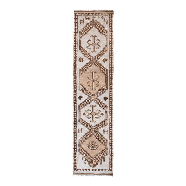 Natural White Herki Turkish Hand-Knotted Runner 2'9" X 11'6" For Sale