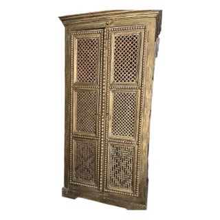 Large Vintage Indian Style Carved Two Door Cabinet For Sale
